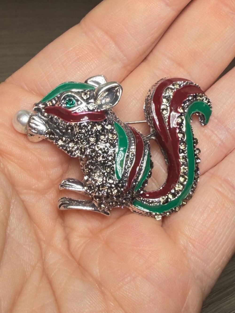 Squirrel Brooch Faux Pearl Red Green Enamel